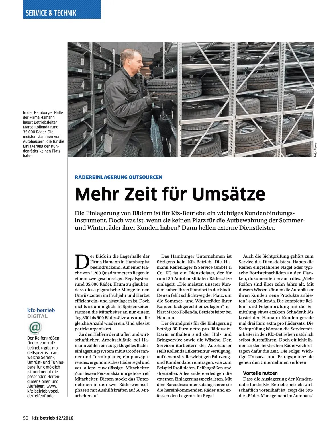 Fachartikel aus Kfz-Betrieb 12/2016 über die Auslagerung der Rädereinlagerung